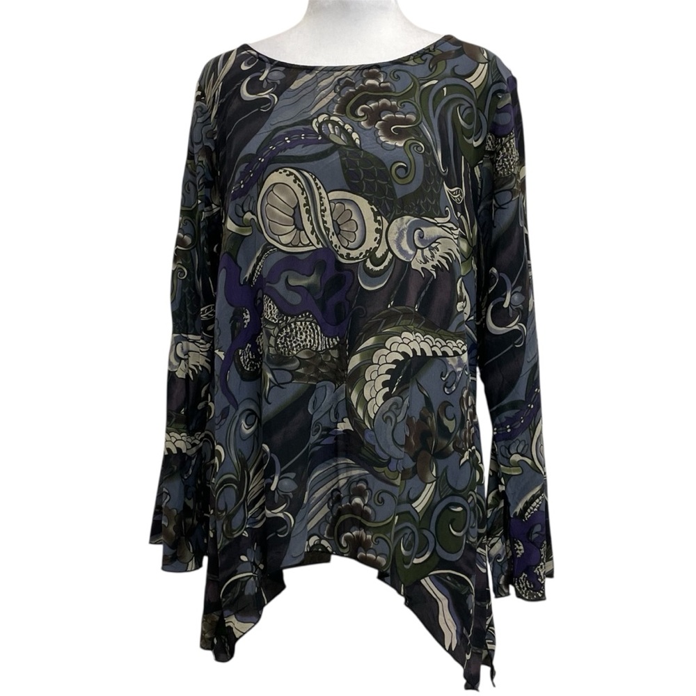 Dinah Lee 100% Silk Vintage 80s Multicolor Floral Sharkbite Blouse